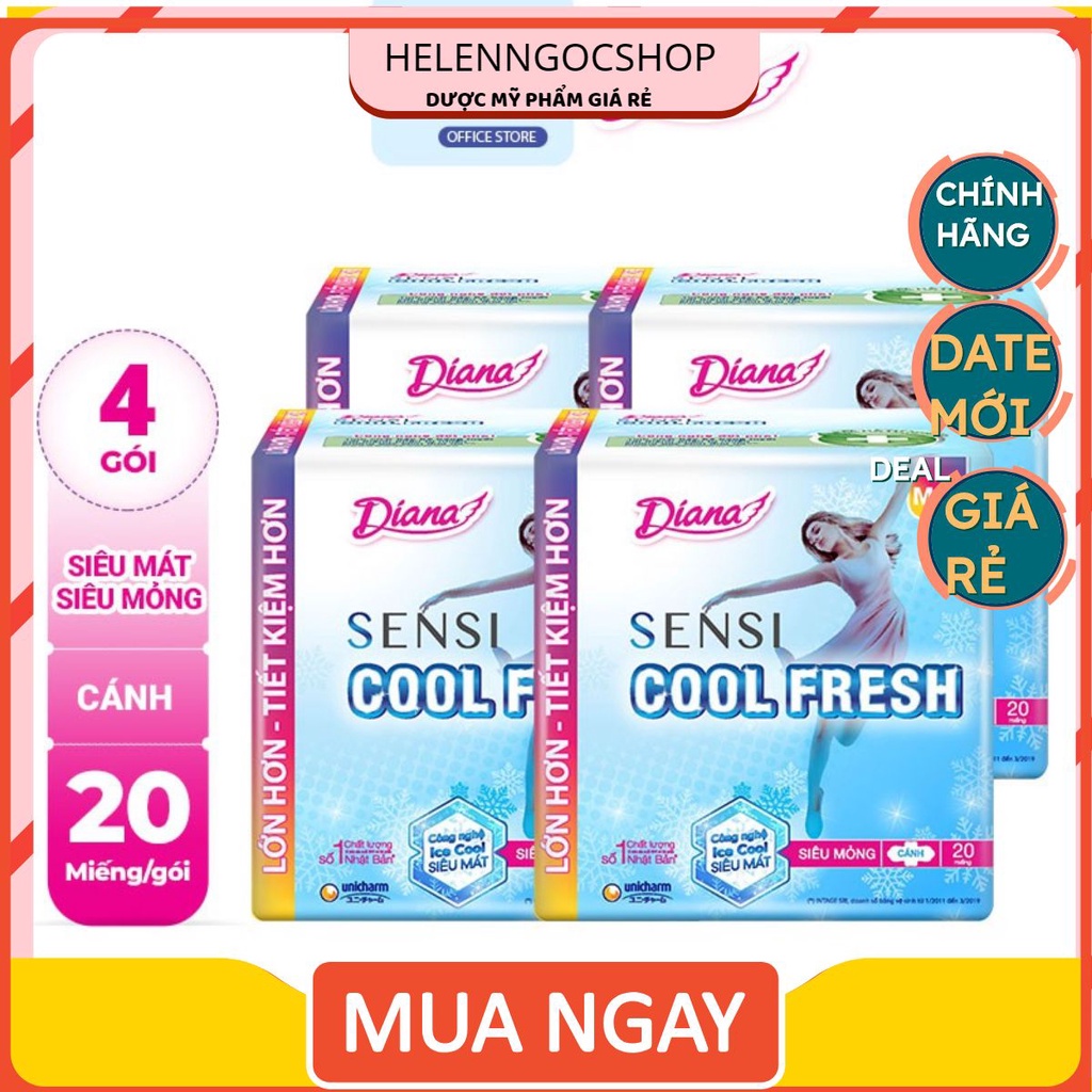 Bộ 4 gói băng vệ sinh Diana Sensi Cool Fresh siêu mỏng cánh gói 20 miếng/gói