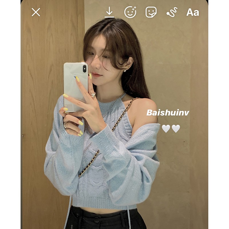 Set áo khoác cardigan dệt kim tay dài màu xanh nhạt chống nắng