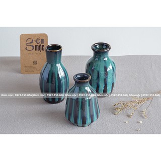 Bộ 3 lọ hoa decor mini, xanh rêu, gốm Bát Tràng