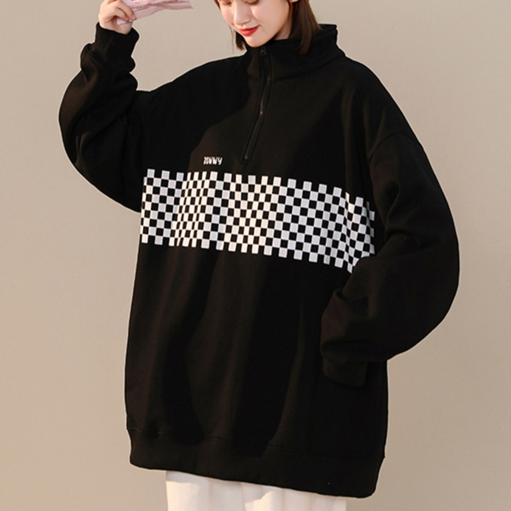 Áo Nỉ Khóa Cổ Beeterno ❤ Áo Nỉ Cổ Bẻ In Caro Unisex