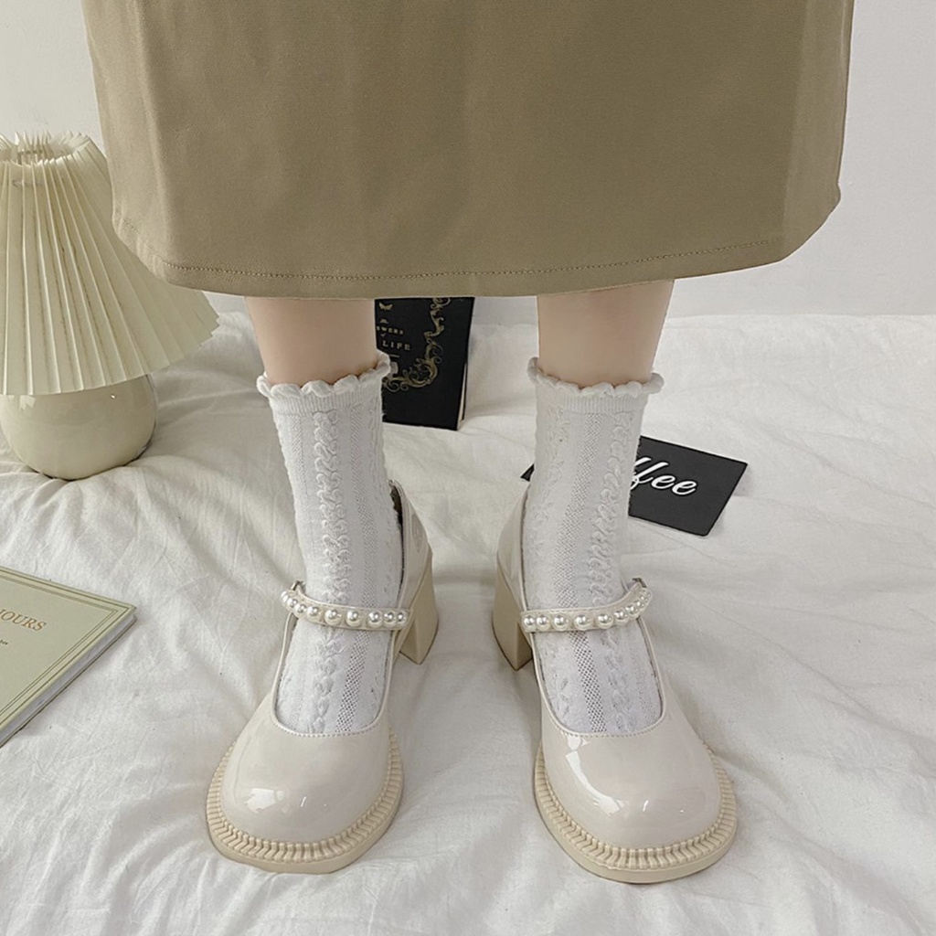 Giày Lolita quai ngang đính ngọc, giày cao gót quai ngọc 5,5P đế vuông