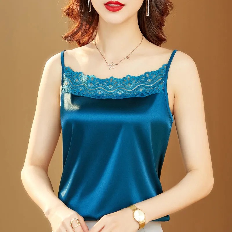 Áo thun sát nách ZHELIHANGFEI vải satin phối ren lưng xinh xắn