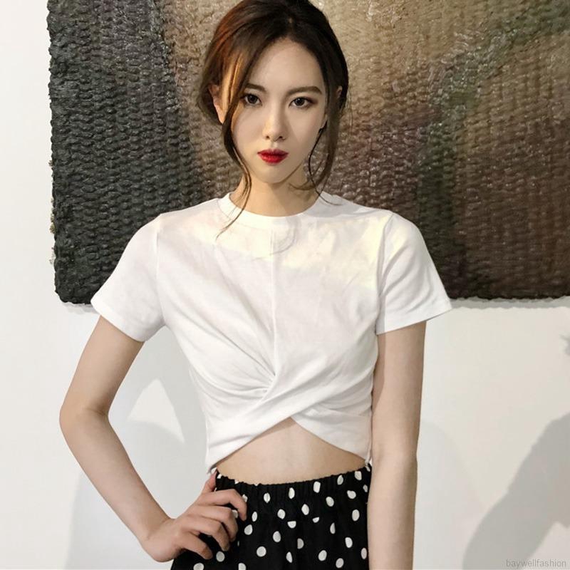 [Baywellfashion]Áo Croptop Cổ Tròn Màu Trơn Thời Trang