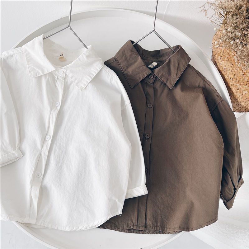 Áo Sơ Mi Cotton Màu Trơn Phong Cách Hàn Quốc Thời Trang Xuân Hè 2021 Mới Cho Bé Trai