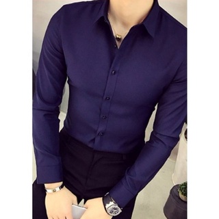 Áo sơ mi nam màu tím than, Áo sơ mi nam dài tay cổ bẻ dáng ôm Hàn Quốc vải lụa chống nhăn chống xù có size lớn