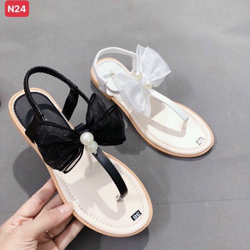 Giày sandal quai kẹp ngón đinh nơ voan tiểu thư KV