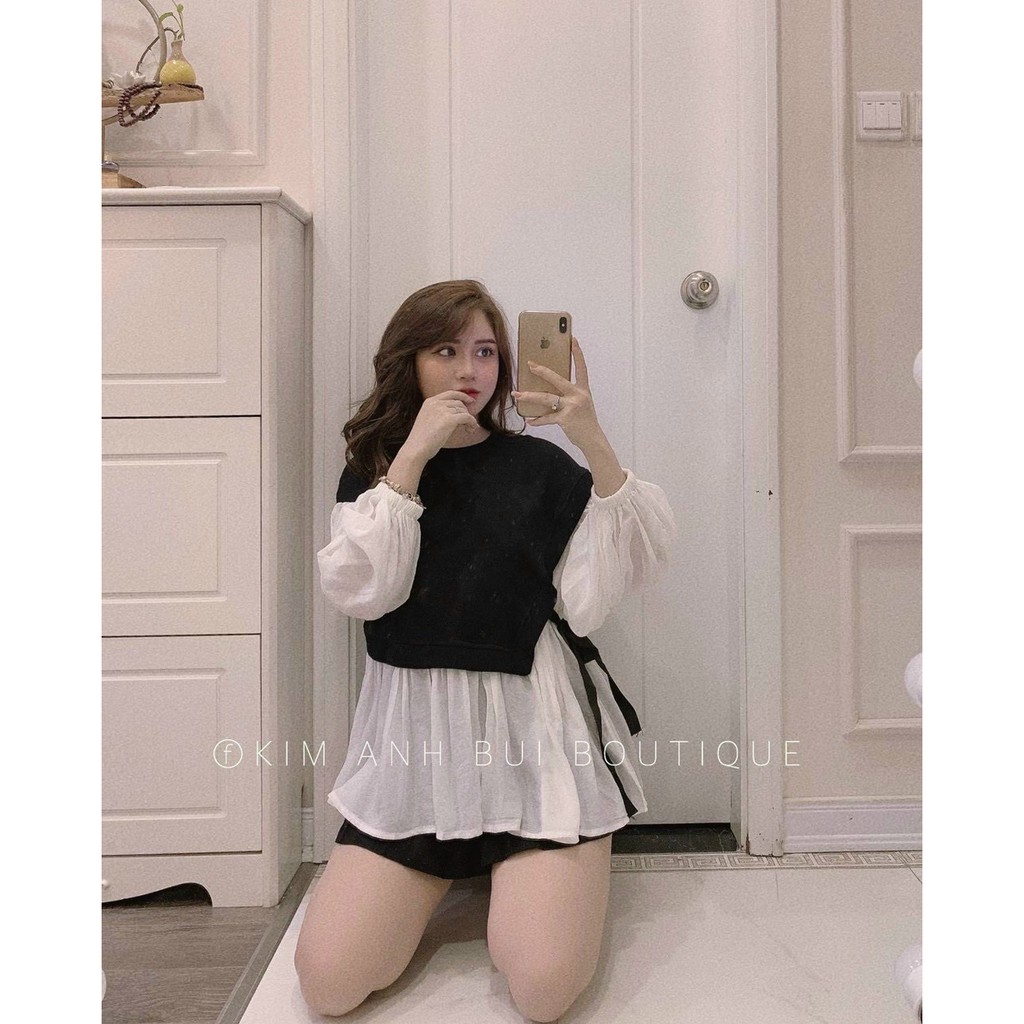 áo kiểu xinh xắn tay phồng phối đen trẵng xinh, đi học đi chơi dễ thương