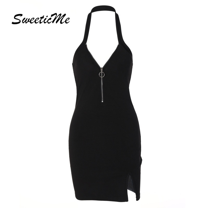 Đầm Cổ Chữ V Xẻ Tà Phối Khóa Kéo Thời Trang Quyến Rũ Cho Nữ