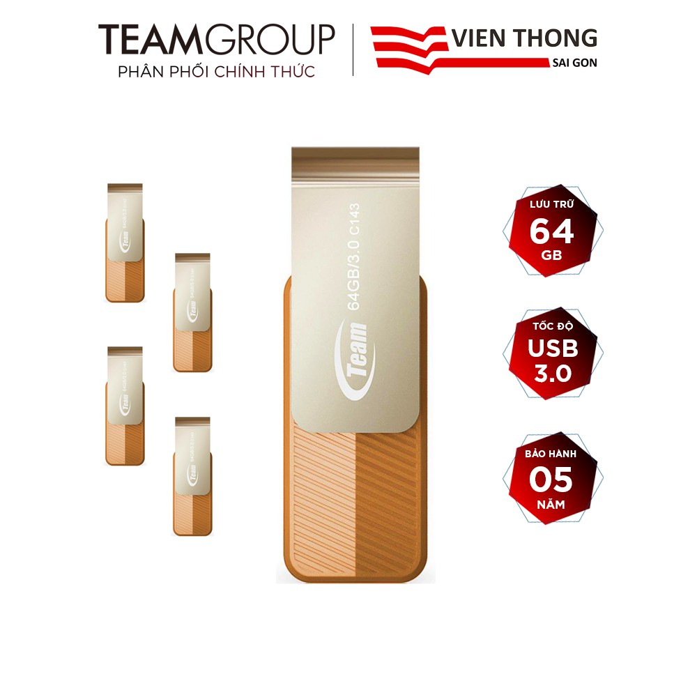 Bộ 5 USB 3.0 Team Group C143 64GB INC nắp xoay 360 - Hãng phân phối chính thức