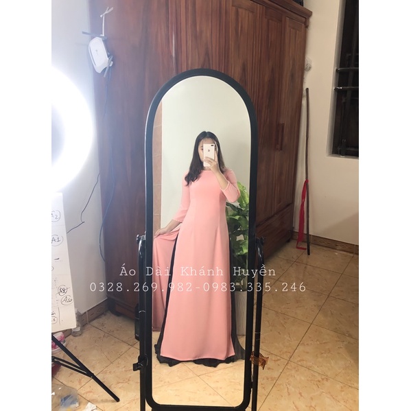 Áo dài truyền thống cổ tròn màu Hồng Đà Lạt, vải Chiffon cao cấp thiết kế 4 tà kết ngọc trai nhân tạo