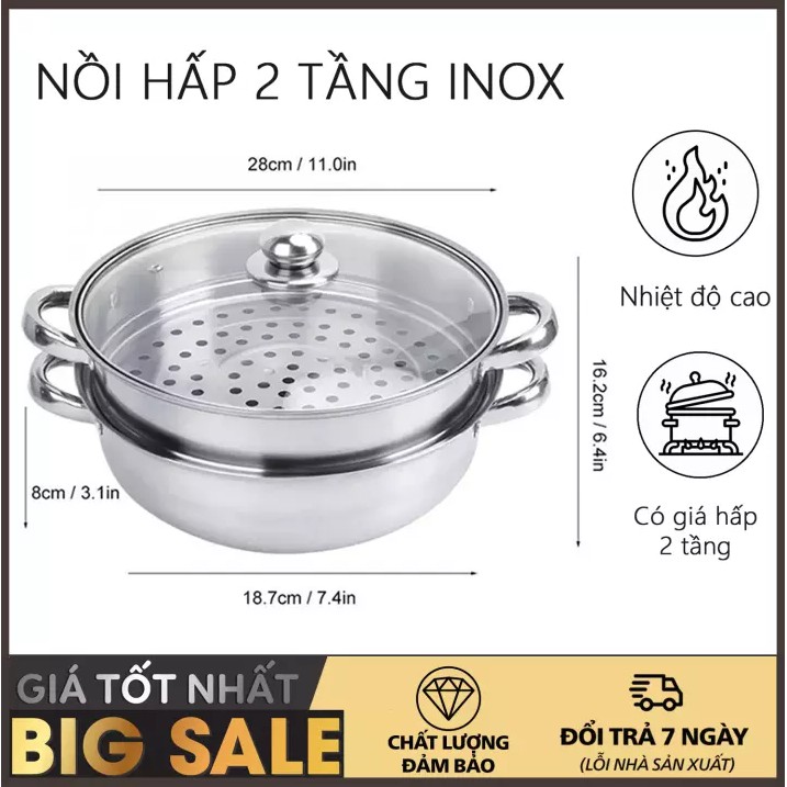 Nồi hấp 3 tầng bằng inox 304 hàng cao cấp rộng 28cm có thể dùng trên bếp từ, hồng ngoiaj và bếp ga có nắp vung đậy kín