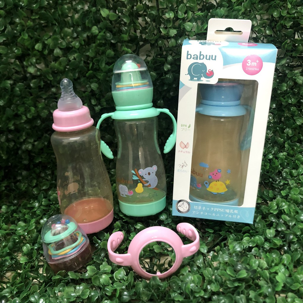 Bình sữa Babuu Nhật Bản nhập khẩu nắp kèm đồ chơi ( có tay cầm )
