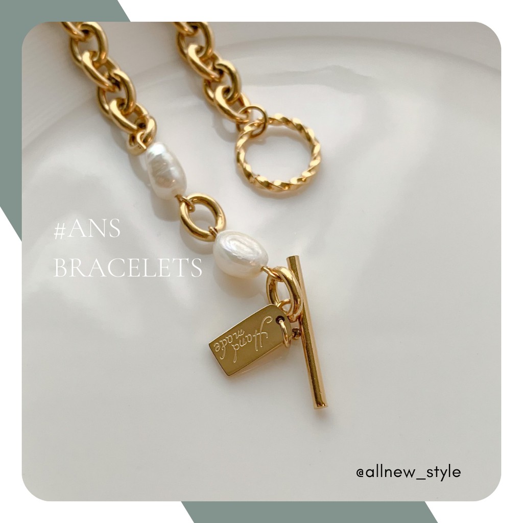 Vòng tay thép Handmade phối ngọc trai nhân tạo Allnewstyle