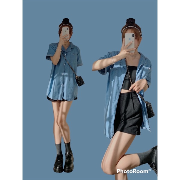 Áo sơ mi bò túi trước 742, áo sơ mi tay ngắn form rộng, áo khoác denim tay ngắn