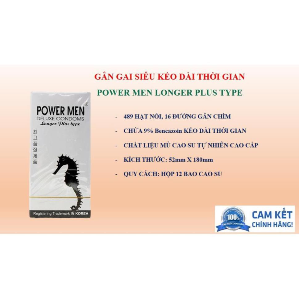 [BAO CAO SU POWERMEN] Bao cao su siêu mỏng gân gai siêu kéo dài thời gian POWER MEN LONGER PLUS TYPE (Cá ngựa) hộp 12cái