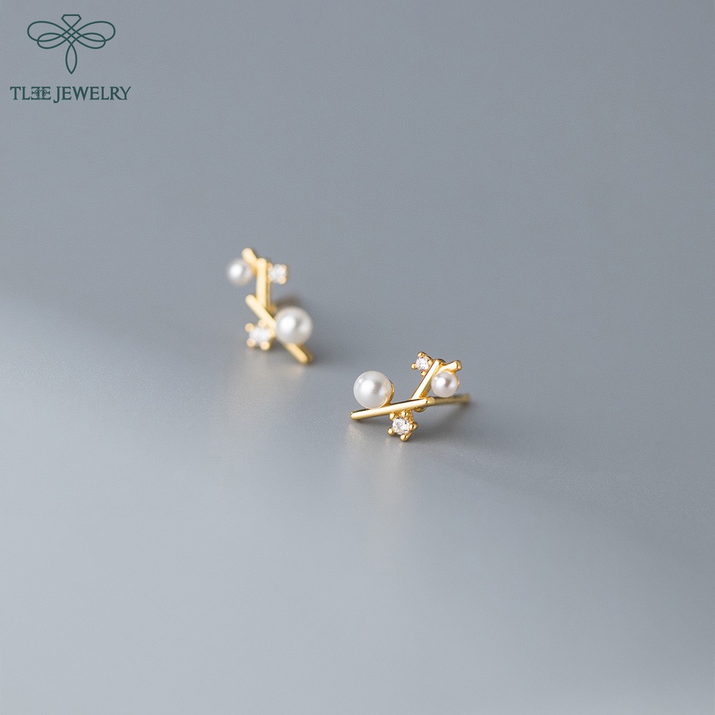 Khuyên tai bạc nữ TLEE cành lá đính ngọc trai nhân tạo nữ tính TleeJewelry B0173
