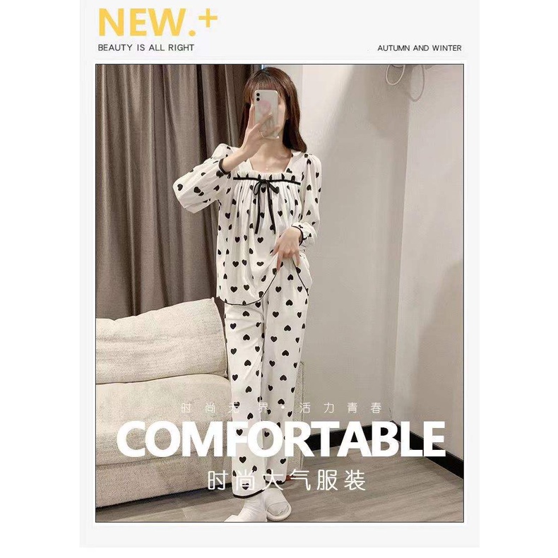 Bộ đồ ngủ tay dài cổ vuông chất liệu cotton thời trang xuân thu mới 2021