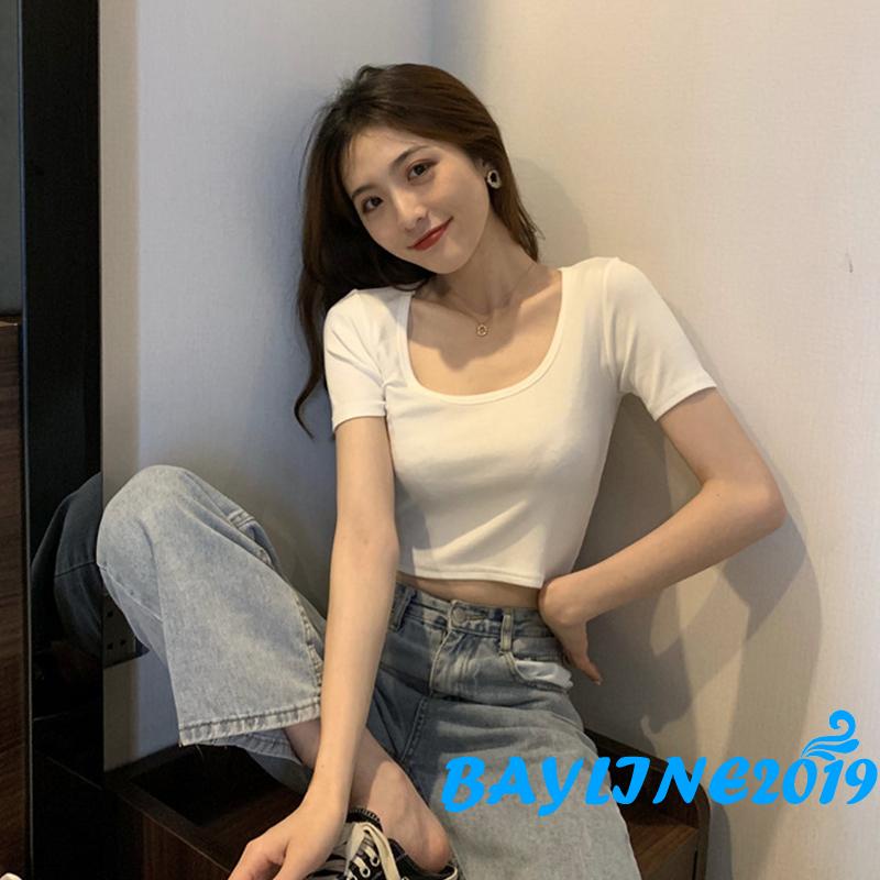 BAY-Women Crop Tops, Female U Neck Short Sleeve Solid Color Slim Fit Short T-shirts Tees