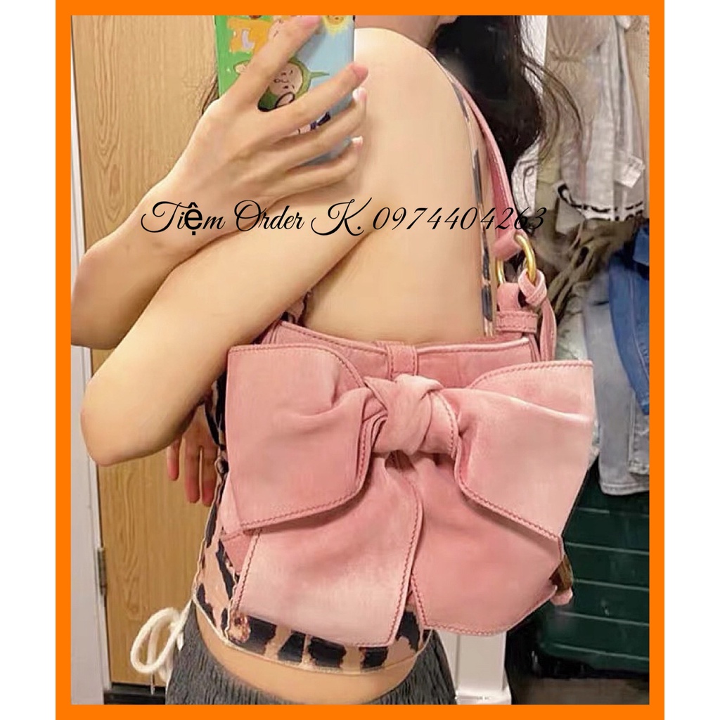 ORDER♥️Túi Xách Da Lộn Hồng Nơ(ảnh thật)Pink , Màu Hường,Size 20cm