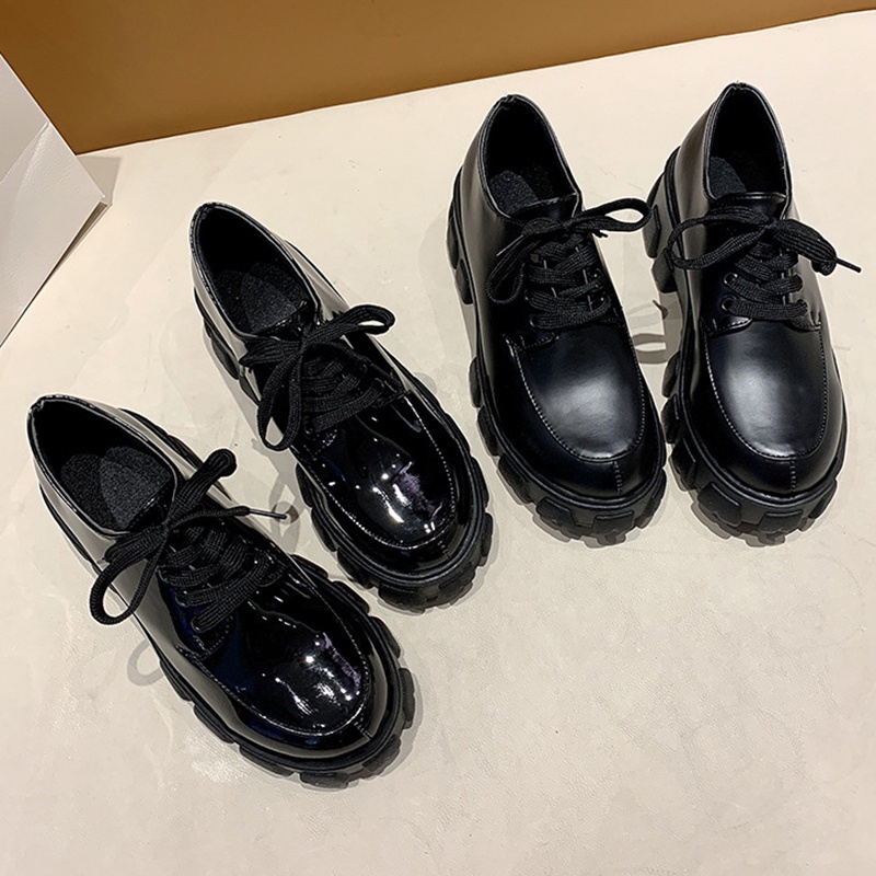 Giày Da Mũi Tròn Đế Dày Buộc Dây Màu Trơn Thời Trang Cho Nữ