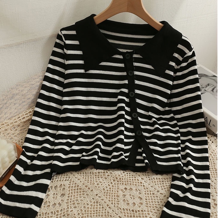 Áo Cardigan Dệt Kim Tay Dài Dáng Rộng In Họa Tiết Kẻ Sọc Thời Trang Hàn Quốc Cho Nữ