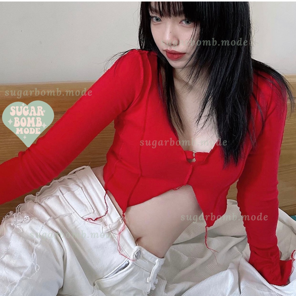 Áo Croptop Đỏ Thiết Kế Tay Dài và áo croptop cột dây sexy đi chơi đi tiệc đáng yêu Phong Cách Sugarbomb.mode