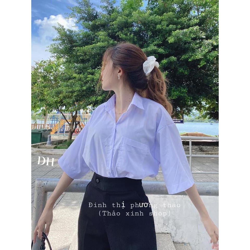 Áo Sơ Mi Tay Lỡ Ngắn Tay {Hè 2021} Màu Trắng UNISEX Đủ Size S M L