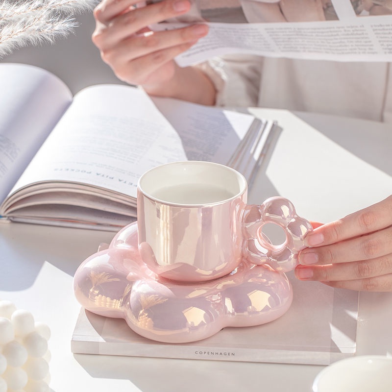 🎄Christmas gift Pearlescent Mug light luxury coffee cup dish high-end exquisite designer style ins style coffee cup female ceramic flower