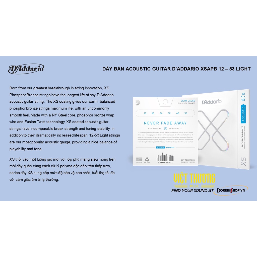 DÂY ĐÀN ACOUSTIC GUITAR D’ADDARIO XSAPB 12 – 53 LIGHT