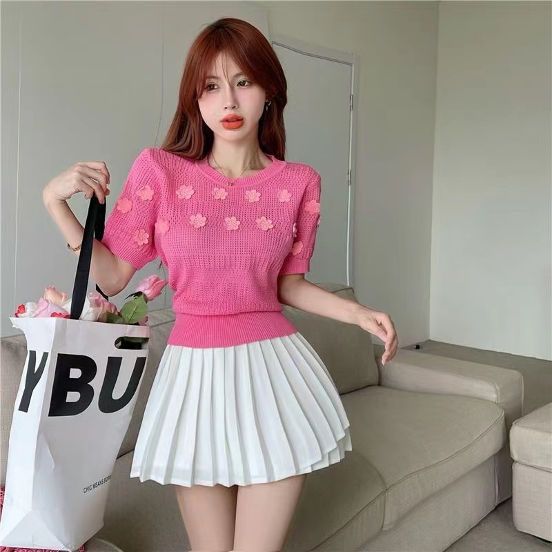 [Hana And Alice] Áo Thun Tay Ngắn Phồng Họa Tiết Hoa Dễ Phối Đồ Thời Trang Cho Nữ