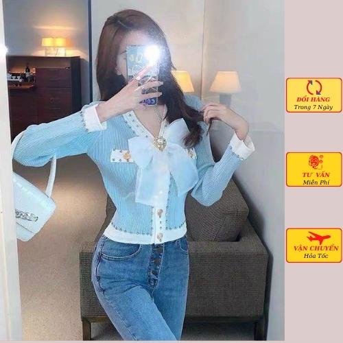 Áo len nữ dài tay nơ ngực viền đính đá công sở ulzzang Hàn Quốc thời trang nữ mùa thu đông