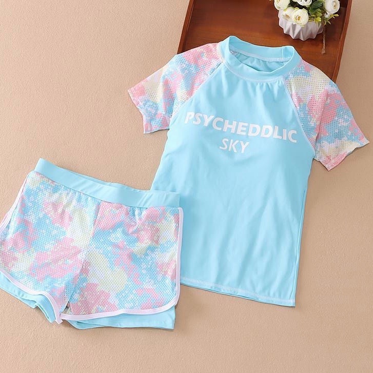 Aiyaya Đồ Bơi Bé Gái Bộ Đồ Bơi Thể Thao Phối Lưới Thời Trang Mùa Hè Cho Bé màu xanh hồng （194）