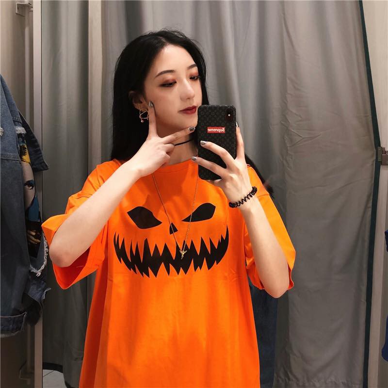 UNISEX - ÁO THUN TAY LỞ MÀU CAM - ÁO THUN HALLOWEEN