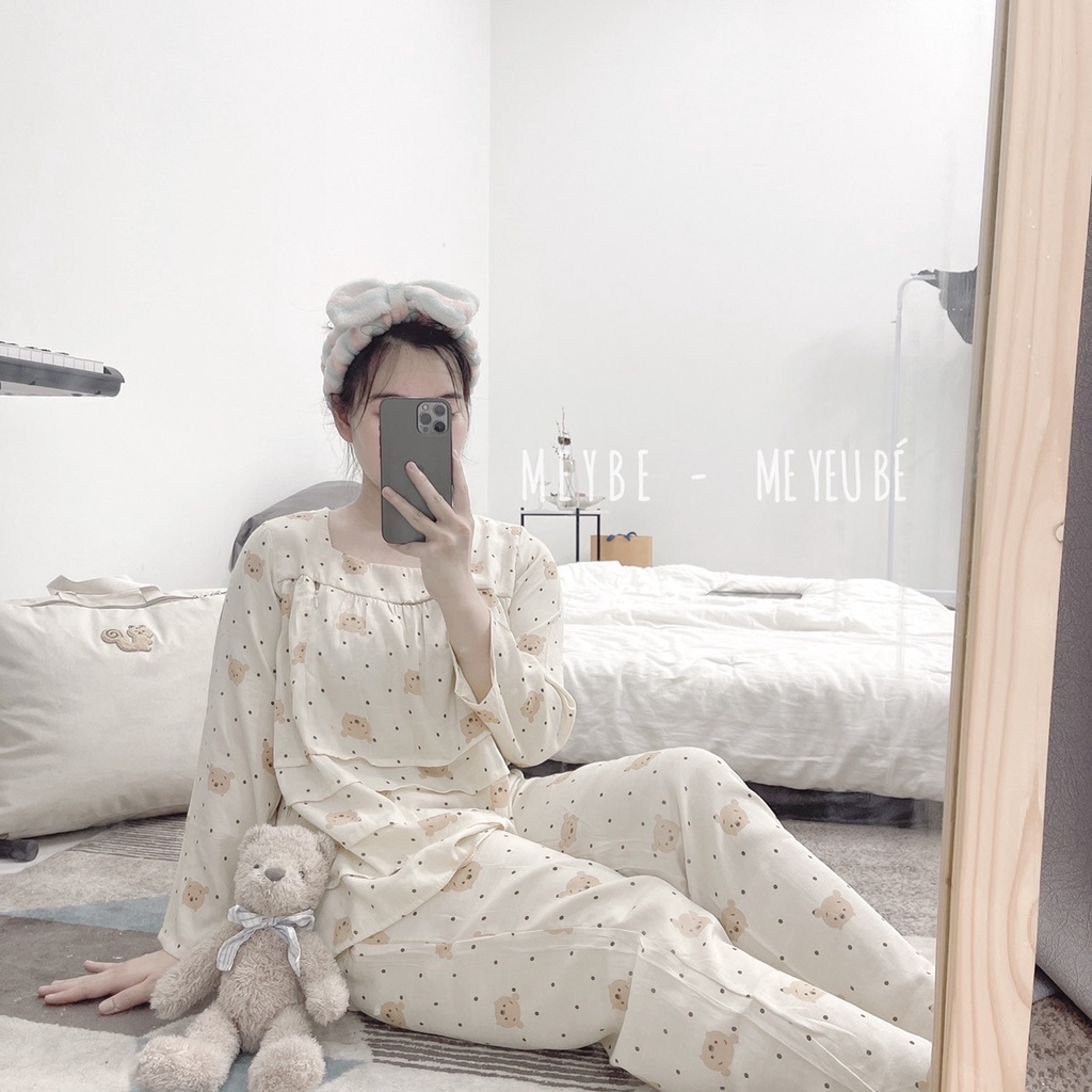 Bộ đồ bầu thu đông sau sinh dài tay pijama chất Đũi MEYBE SS4