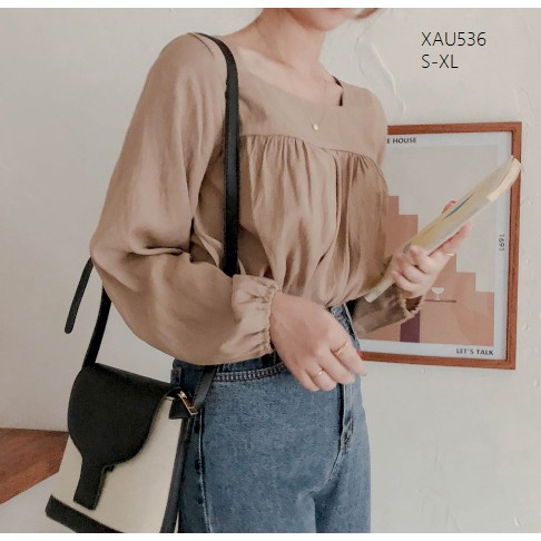 XẢ HÀNG XAU536 Áo sơ mi cổ vuông phong cách vintage cổ điển