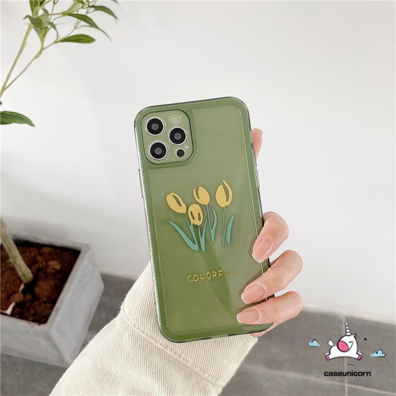 iPhone 12Pro Case iPhone 6 6s 7 8 Plus 12 11 Pro Max XR X XS MAX Ins Fashion Fresh Flower Tulip Soft TPU Square Transparent Camera Lens Protector Case Back Cover