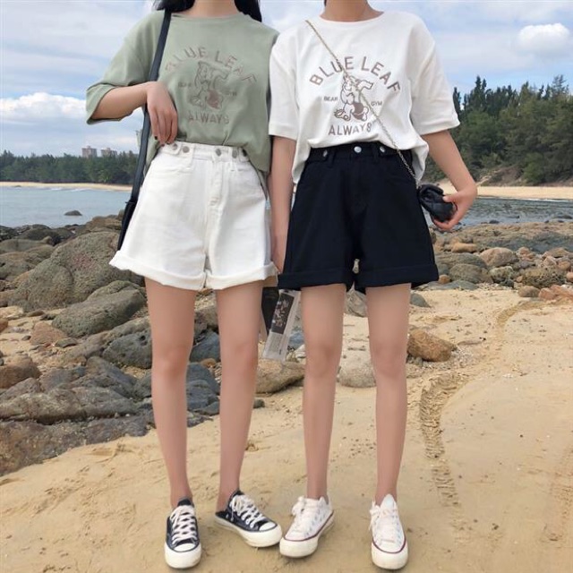 Quần short jean nữ ống rộng lưng cao, quần đùi bò kaki sắn gấu ulzzang C3