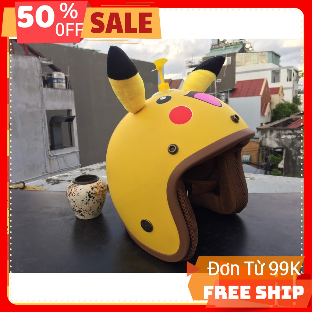 bảo hành 12 tháng COMBO MŨ nón bảo hiểm 3/4 pikachu kèm tai + chong chóng doremon