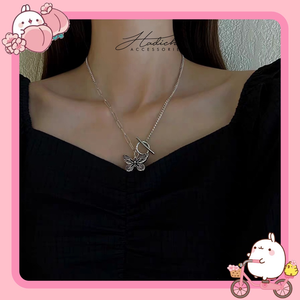 Dây Chuyền Mặt Hình Bướm Phong Cách Rentro Vòng Cổ Bướm Khuy Tròn Hot Trend