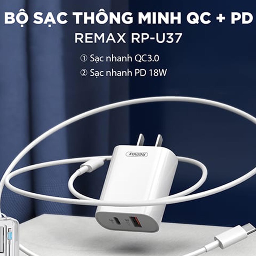 Bộ Sạc Nhanh Remax RP-U37 2 Cổng USB tích hợp QC 3.0 và PD 18W Sạc nhanh cho iP - Hàng nhập khẩu