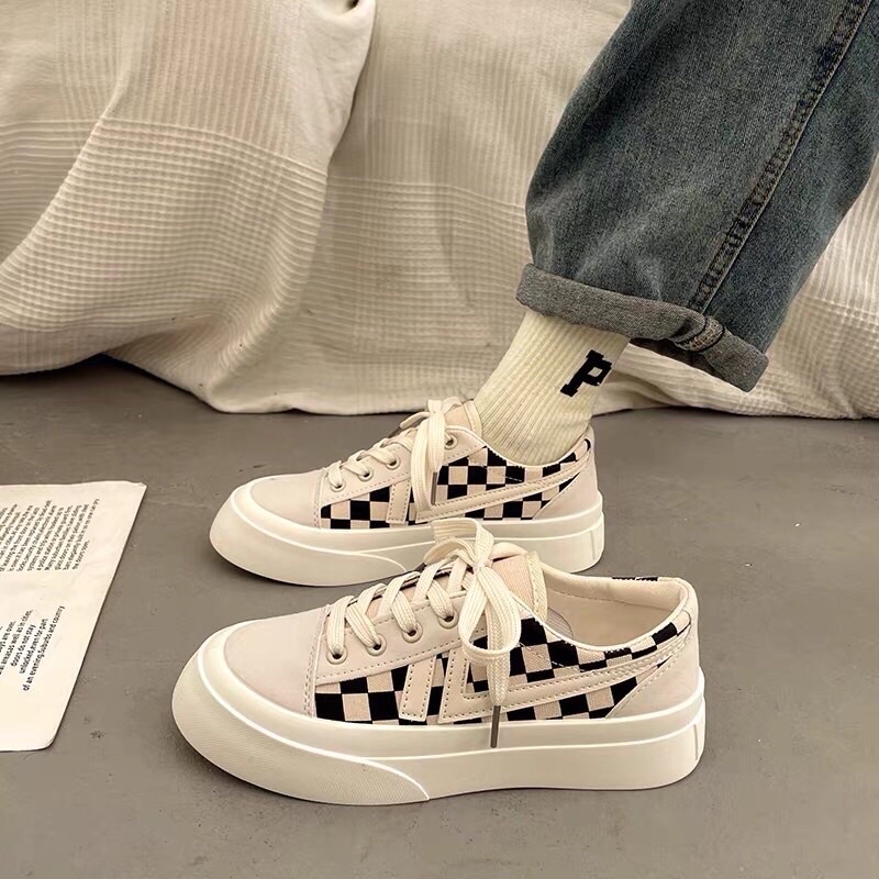 Giày Thể Thao Nam Nữ Unisex Vải Canvas Đế Độn Caro Cao Cấp 2 Màu Thời Trang, Cá Tính  Giày Mũi Viền Kẻ Basic