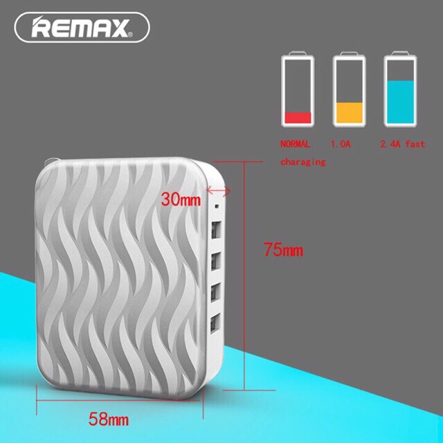 Củ sạc nhanh remax RP-U41 dòng 6A có 4 cổng USB sạc liền lúc nhiều thiết bị với ổ cắm gập 90 độ