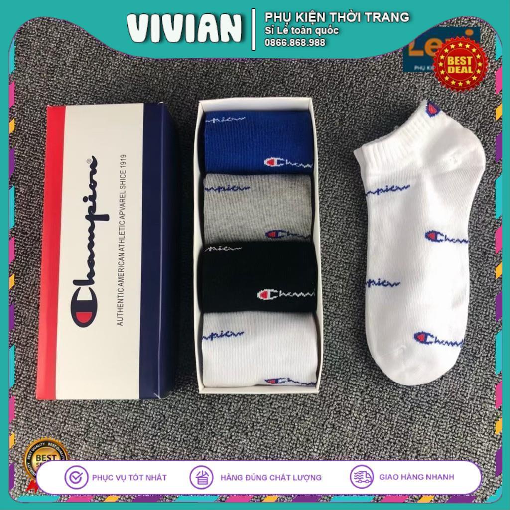 Vớ Ngắn Cổ Chapion 🎁HỘP 4 ĐÔI🎁 Tất Ngắn Cổ vô địch mùa xuân và mùa hè, dệt kim cao cấp, Quà Tặng Đóng Hộp