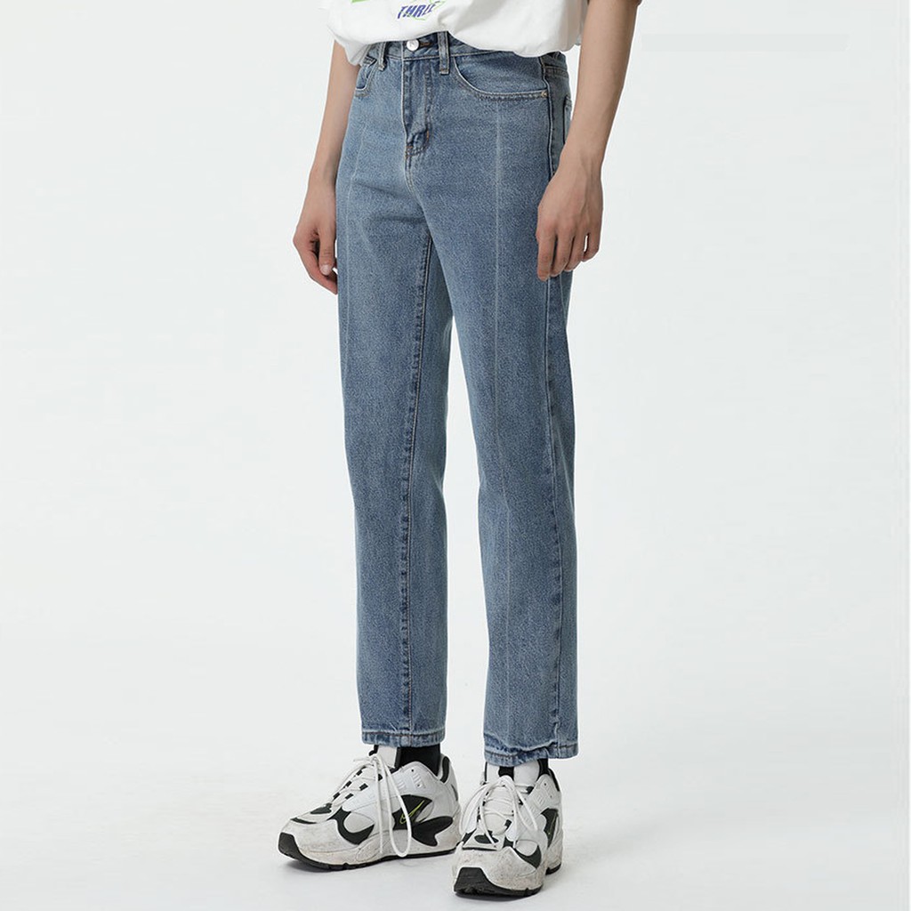 Quần jeans ống côn JAMS xanh nhạt form slimfit washed jeans nam nữ phong cách Hàn ...