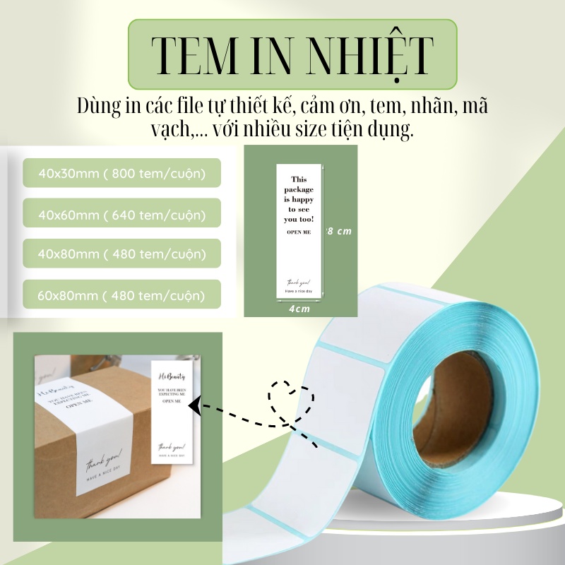 Giấy In Tem Mã Vạch Khổ 40x30mm Dạng Cuộn 800 Tem Dành Cho In Barcode, In Tem Vận Chuyển