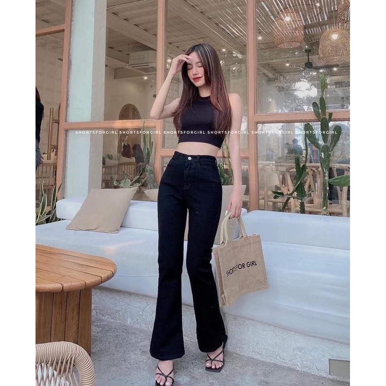 Quần Jean Ống Loe Cạp Cao Chất Vải Bò Giấy Co Giãn 4 Chiều Màu Đen Trơn - Kim Dung Fashion Store