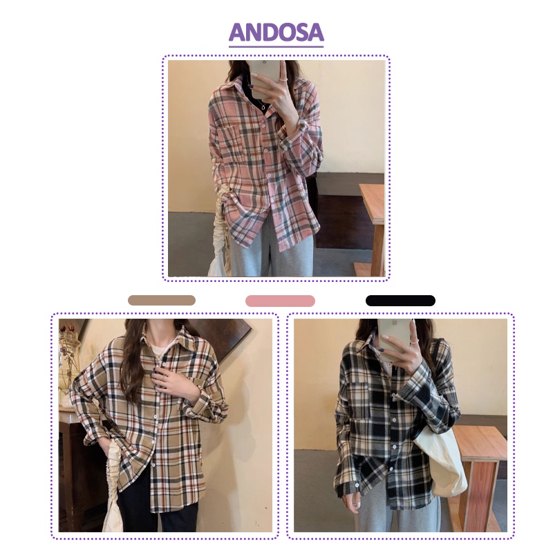 Áo sơ mi nữ form rộng kẻ sọc caro đẹp tay dài hàng Quảng Châu ANDOSA SM14