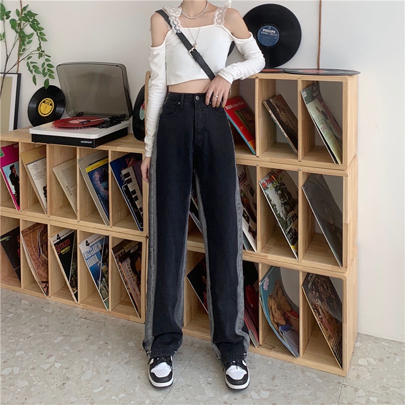 Quần Jeans Nữ Lưng Cao Ống Rộng Kẻ Sọc Trắng Đen Thời Trang