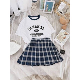 Set áo phông kèm chân váy kẻ caro