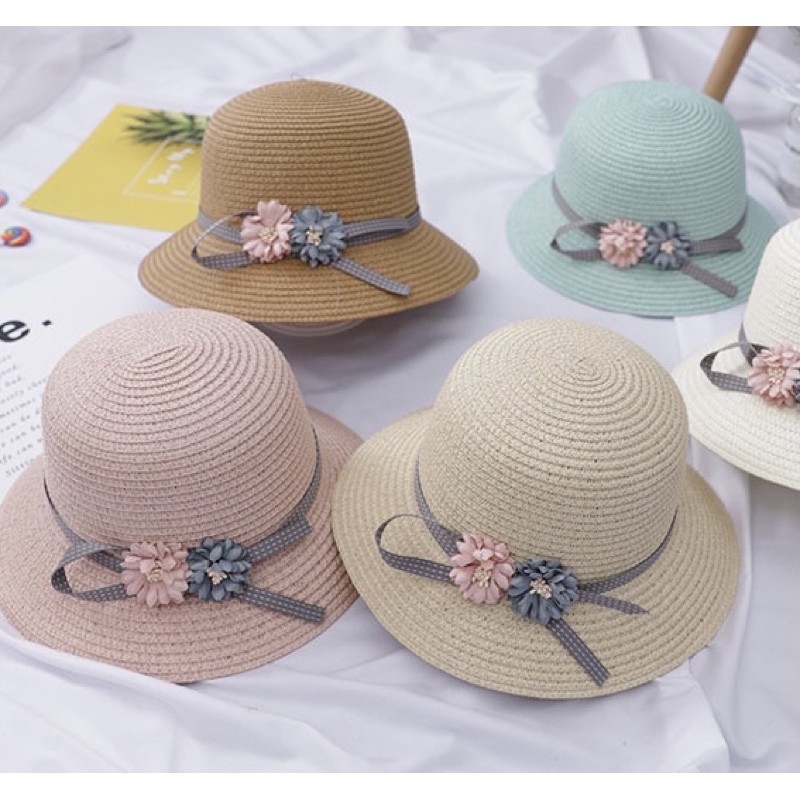 Set mũ cói và túi dành cho bé gái đi biển mùa hè, mũ vành tròn đính 2 bông hoa dễ thương mã D37